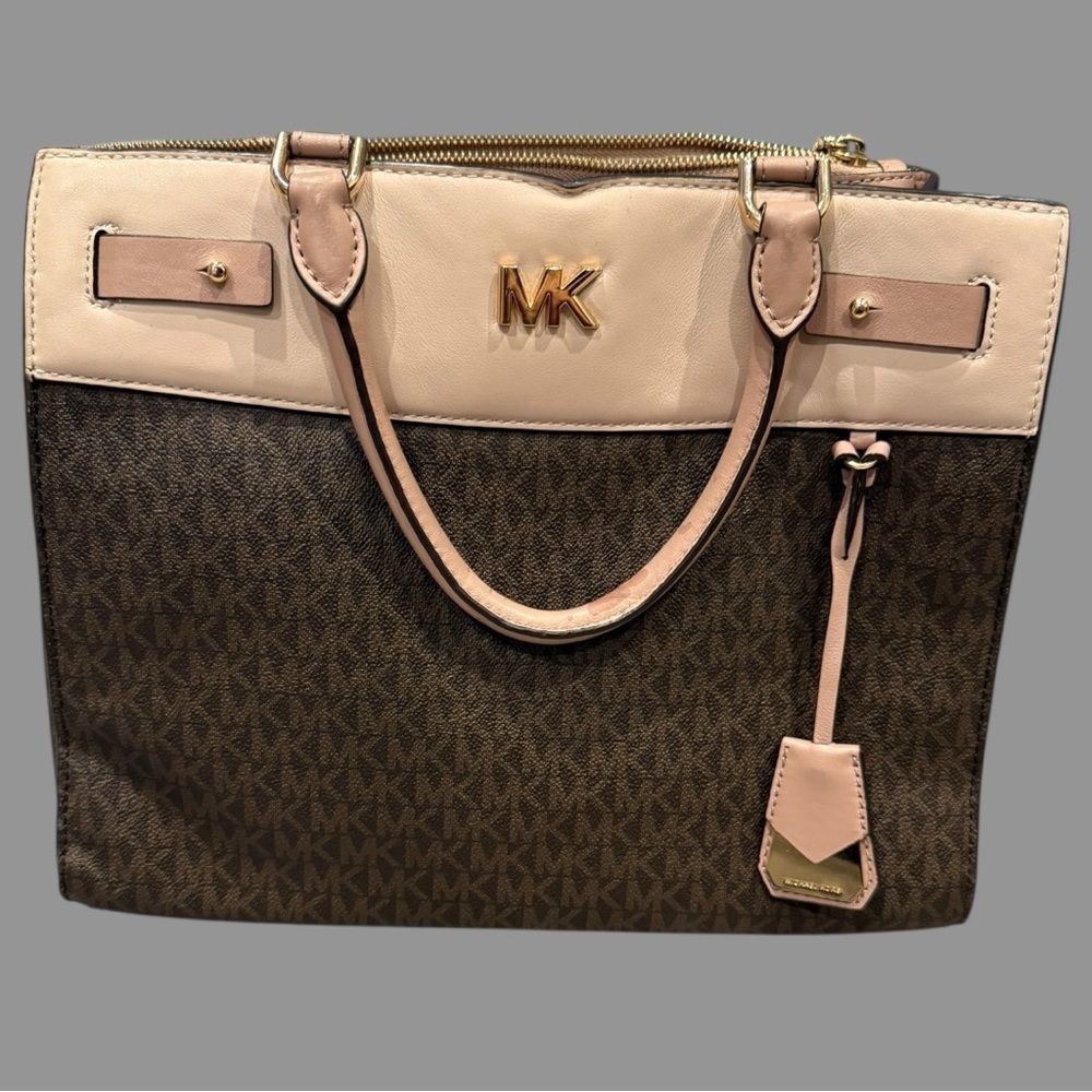 Michael Kors Signature Reagan Large Satchel Tan and Cream Signature Tote